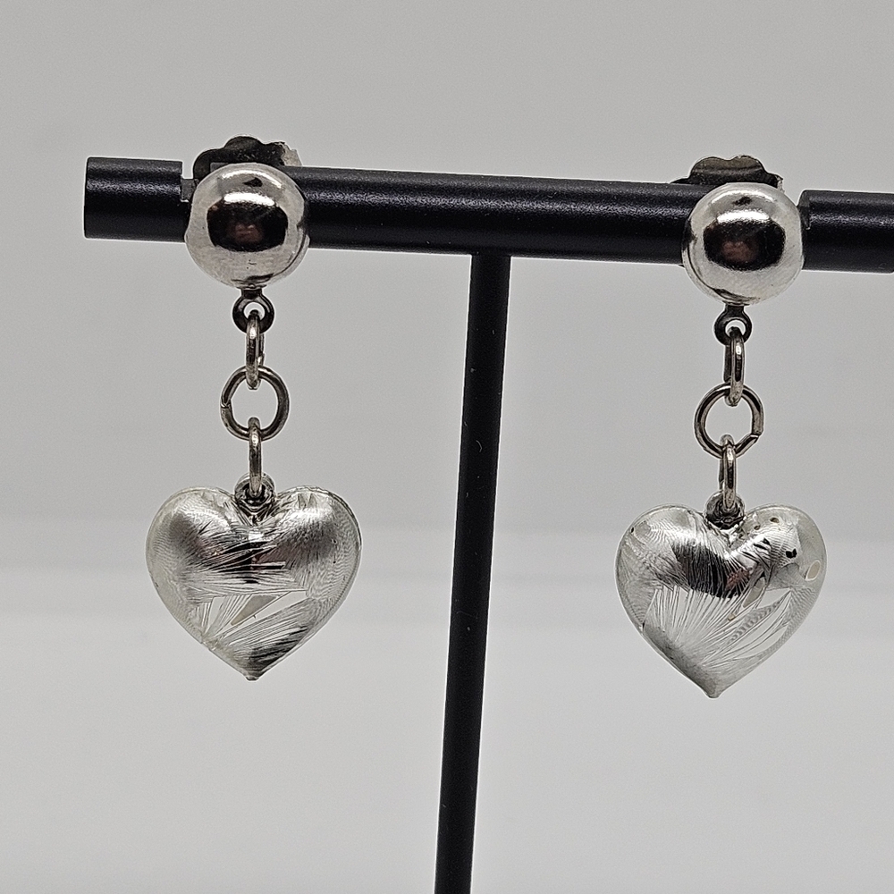brushed silver tone heart dangle earrings